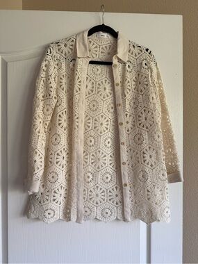 Mango Crochet Button-Front Shirt Jacket in Cream